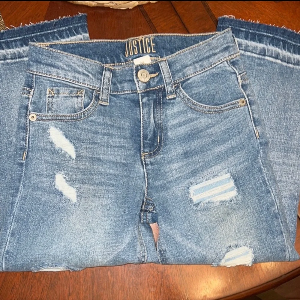 Justice Girls High-Rise Distressed Straight Leg Jeans Frayed Hem Blue Size 7
